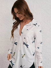 Dragonfly Print Button Up Roll Up Sleeve Blouse