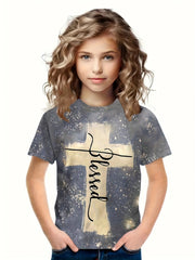 Breathable Cross & Letter Print Short Sleeve T shirt Girls Spring Summer Gift