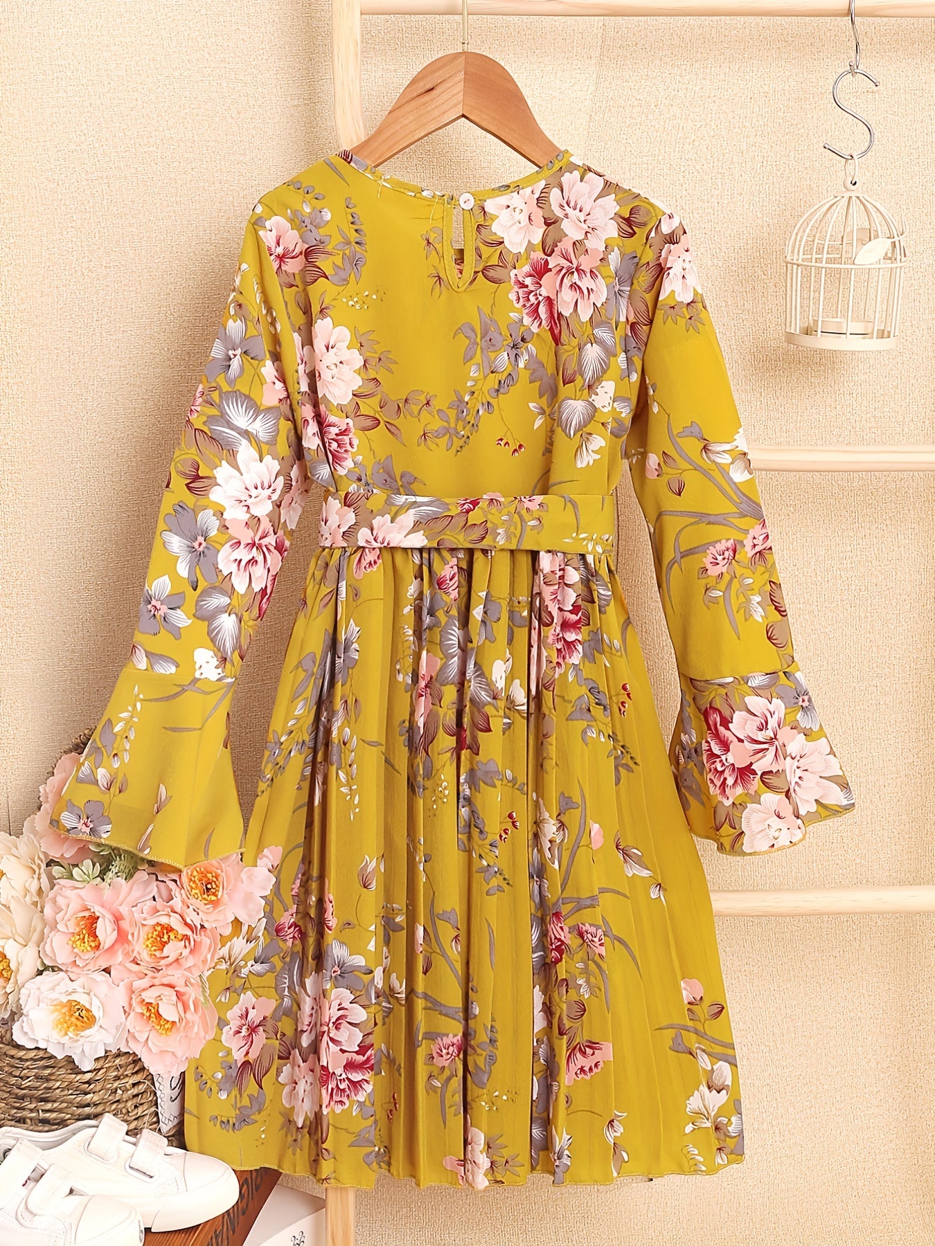Girl Floral Print Long Sleeved Ruffle Dress with Butterfly Tie