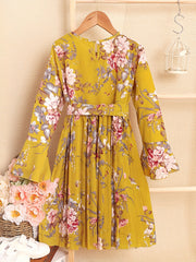 Girl Floral Print Long Sleeved Ruffle Dress with Butterfly Tie