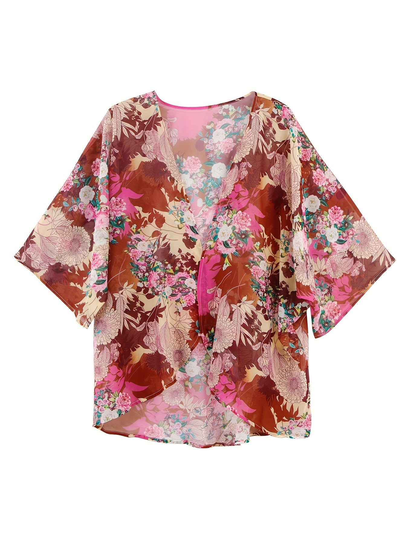 Floral Print Kimono Cover Up V Neck Soft Beachwear Women's Swimwear