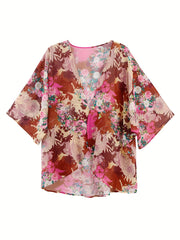 Floral Print Kimono Cover Up V Neck Soft Beachwear Women's Swimwear