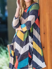 Plus Size Colorblock Stripe Print Long Sleeve Round Neck Casual Dress