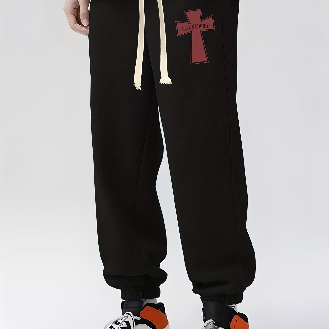 Gothic Cross Print Drawstring Sweatpants Men's Loose Fit Casual Joggers
