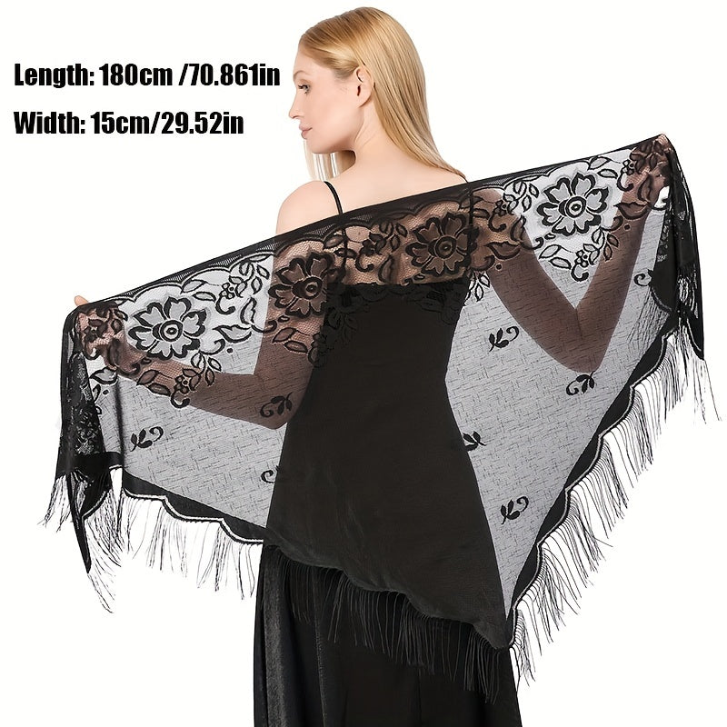 Embroidered Lace Tassel Triangle Scarf Mantilla Head Covering