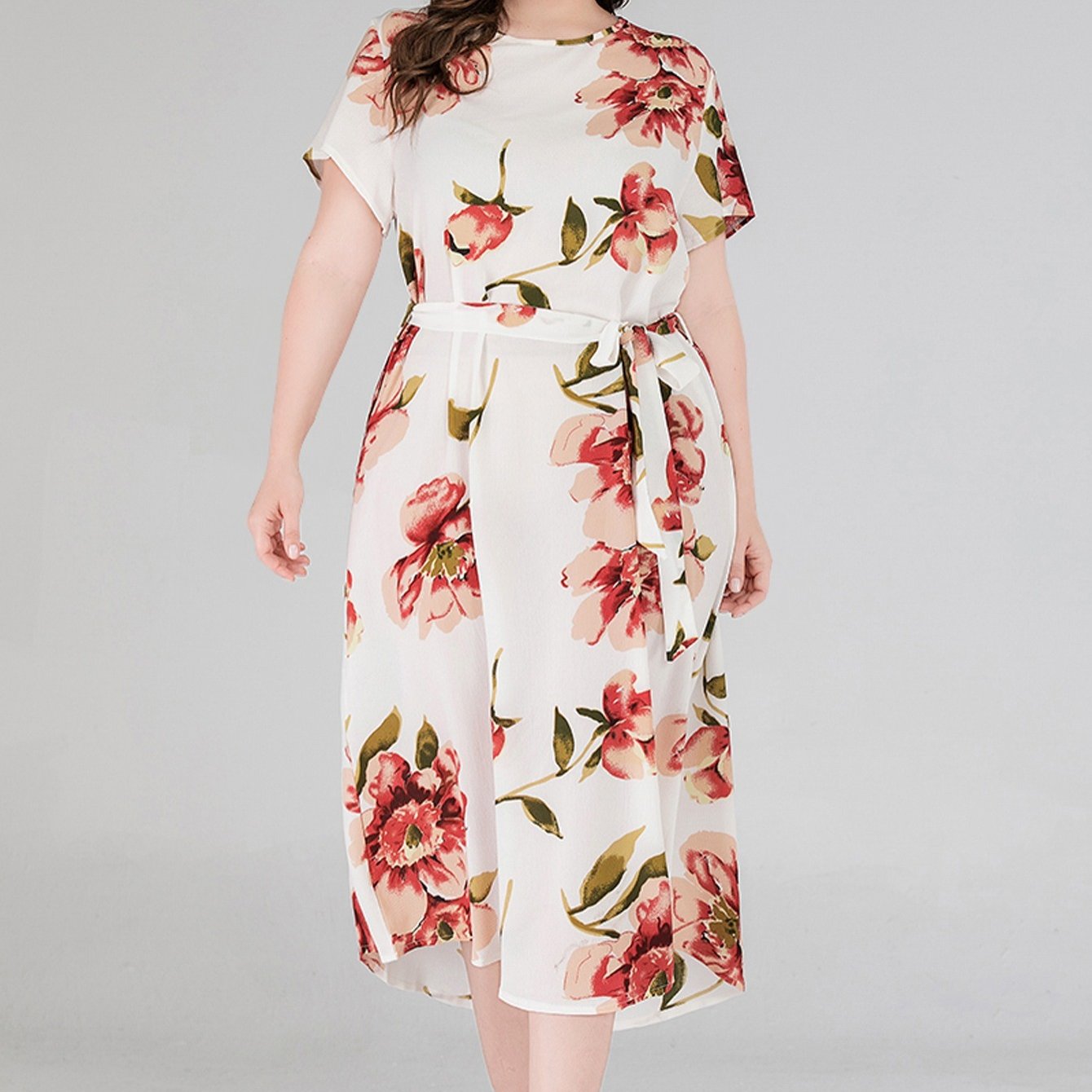 Floral Print Maxi Dress Plus Size Women's Short Sleeve Long Dress