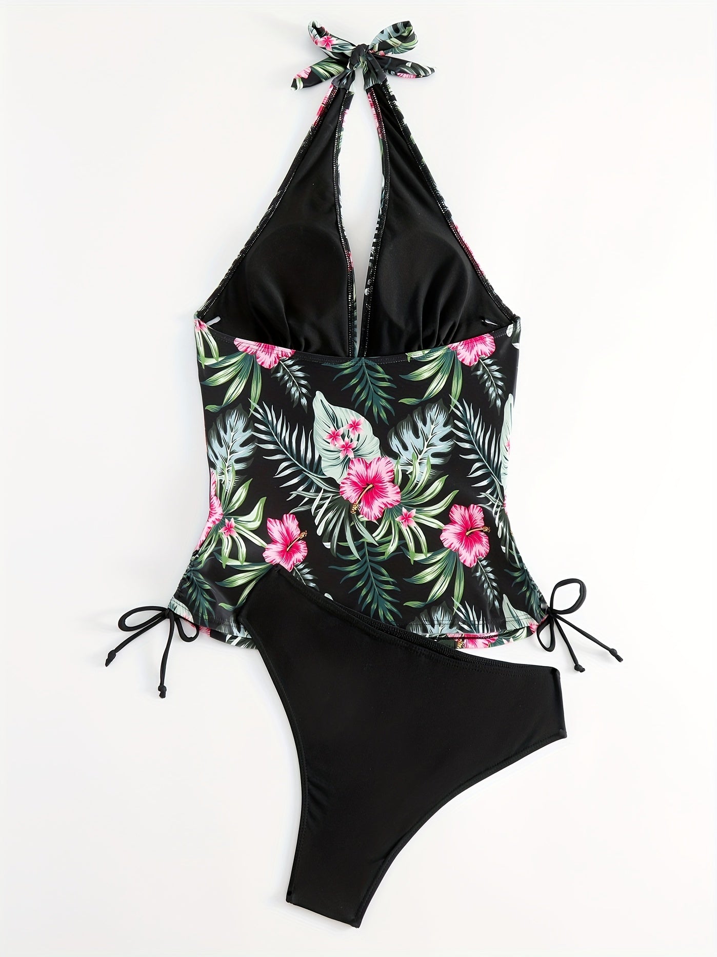 Tropical Print Halter Tankini Set High Cut Swimsuit