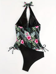 Tropical Print Halter Tankini Set High Cut Swimsuit