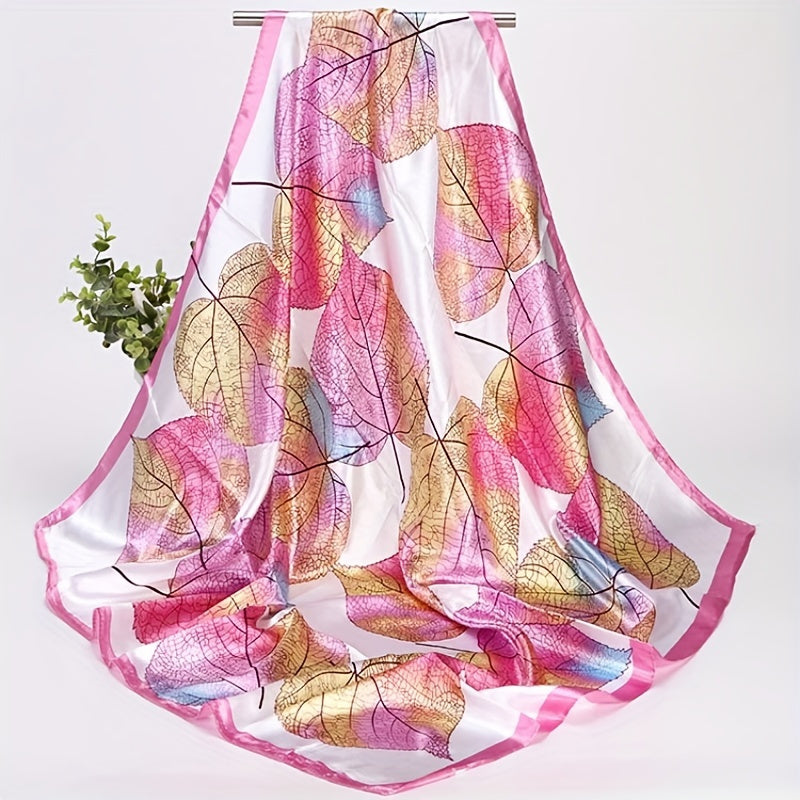 Colorful Leaf Print Square Scarf Satin Bandana Shawl Silk