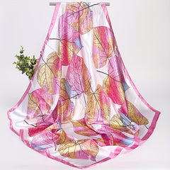Colorful Leaf Print Square Scarf Satin Bandana Shawl Silk