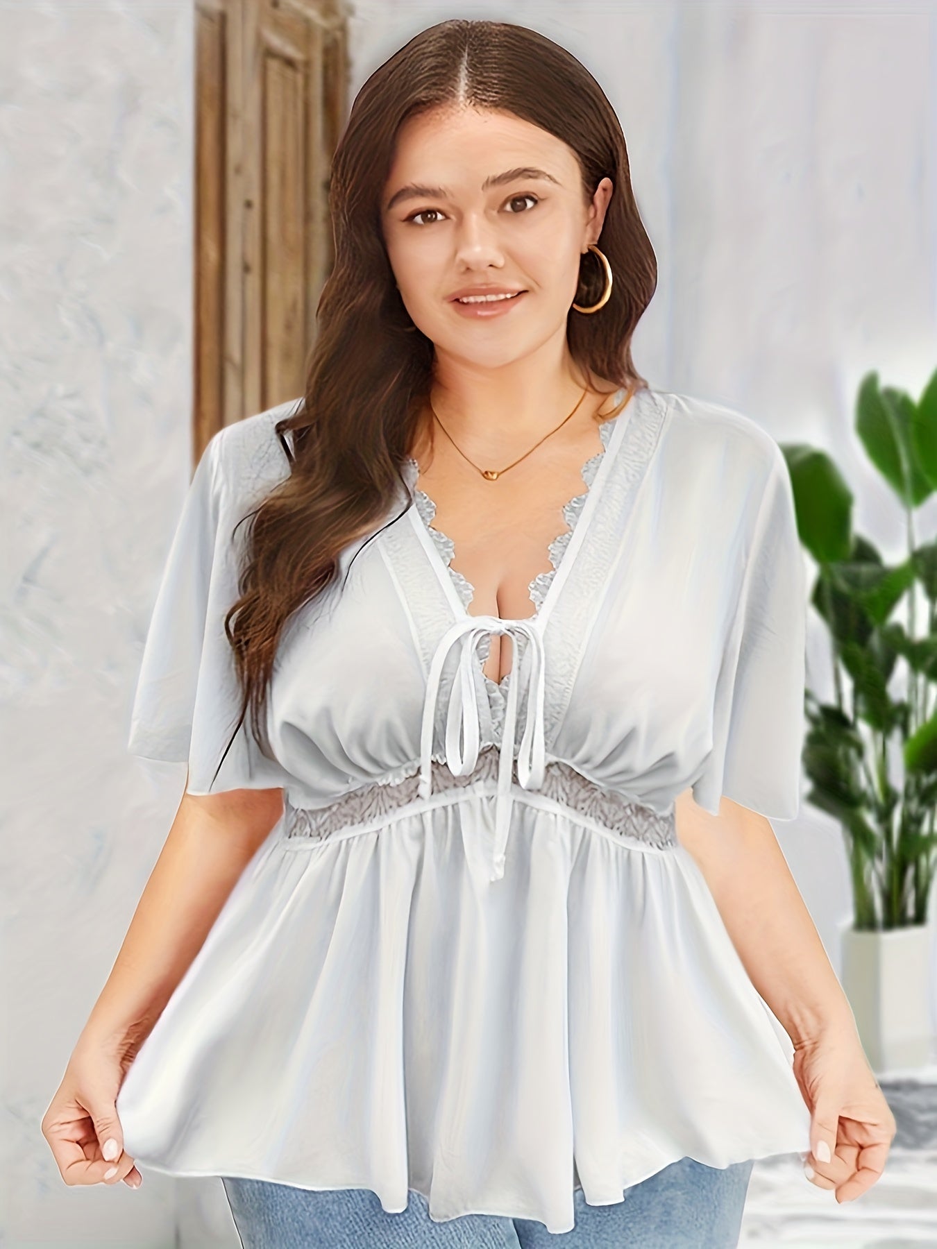 Lace Short Sleeve Peplum Blouse