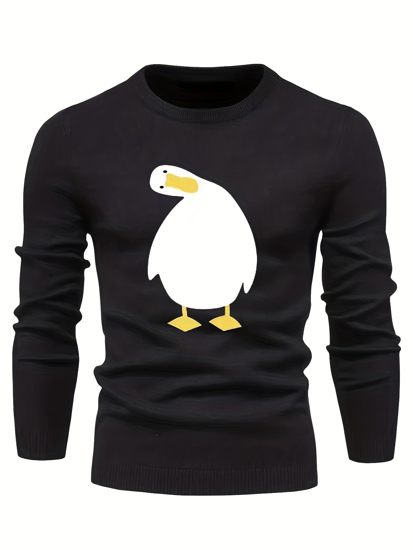 Cartoon Duck Print Men's Casual Warm Crew Neck Pullover Sweater