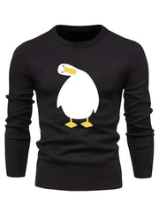 Cartoon Duck Print Men's Casual Warm Crew Neck Pullover Sweater