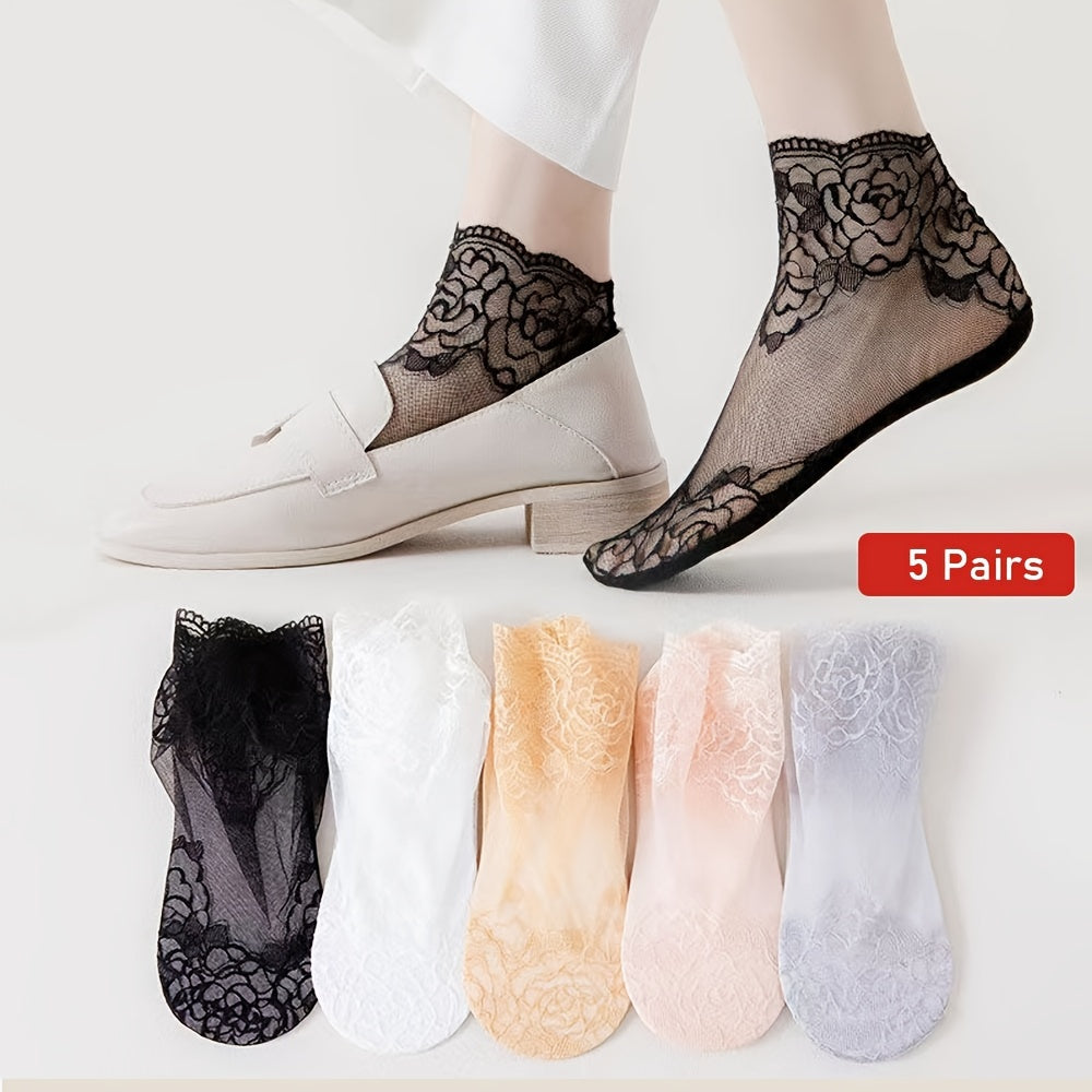 5 Pairs Floral Lace Short Socks Ankle Stockings