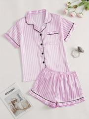 Stripe Print Pajama Set Collared Top & Shorts