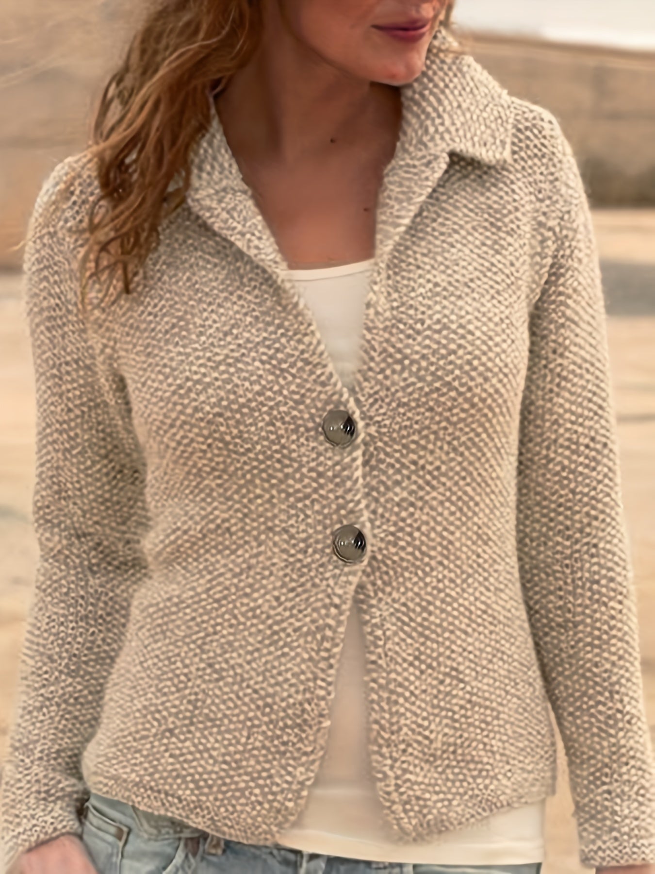 Solid Polo Collar Button Front Cardigan Casual Sweater