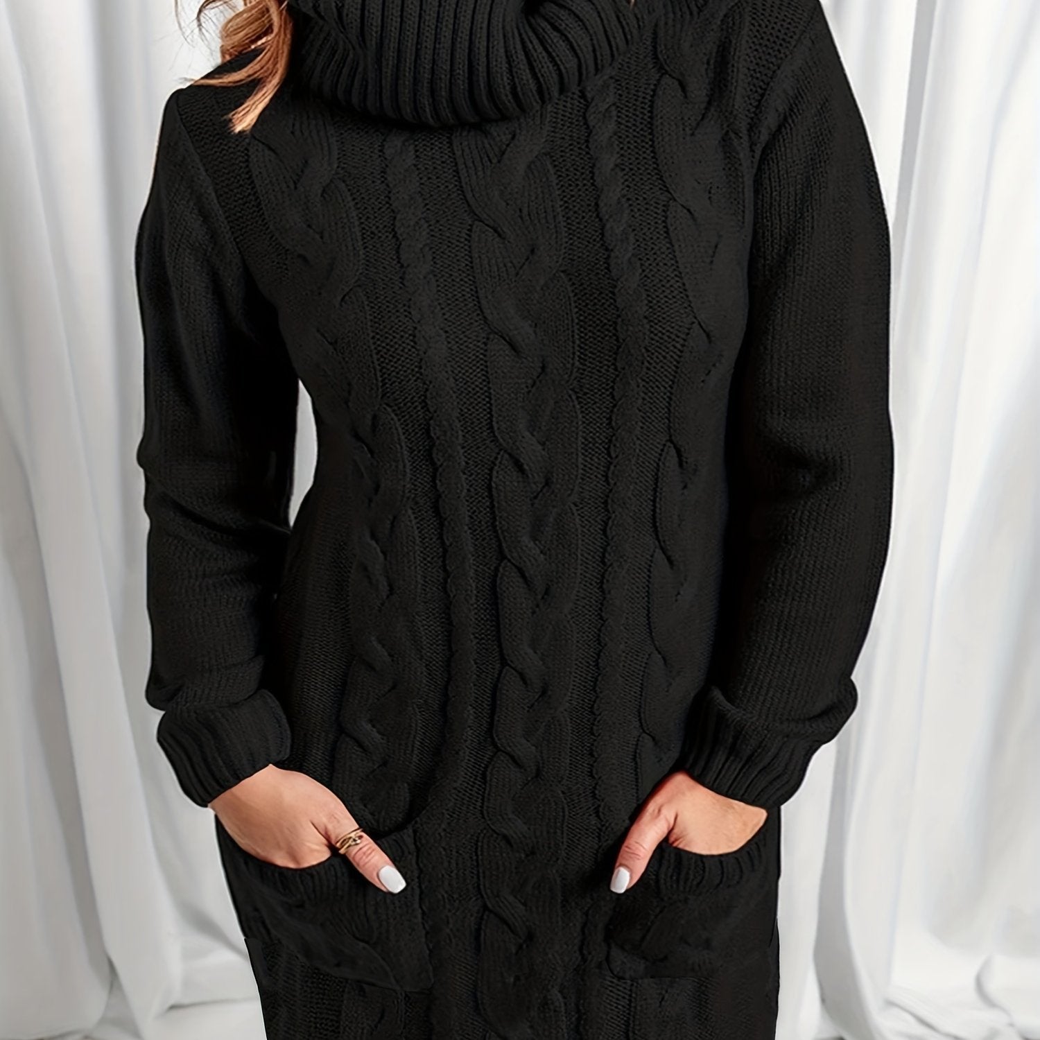 Turtle Neck Cable Sweater Dress with Pockets