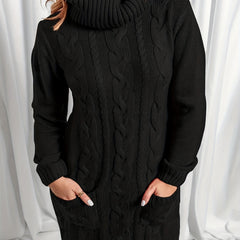 Turtle Neck Cable Sweater Dress with Pockets
