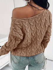 Casual Sweater Solid Cable Knit Long Sleeve V Neck Loose