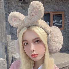 Plush Rabbit Ear Warmers Glitter Accents Cozy Winter Earmuffs for Women