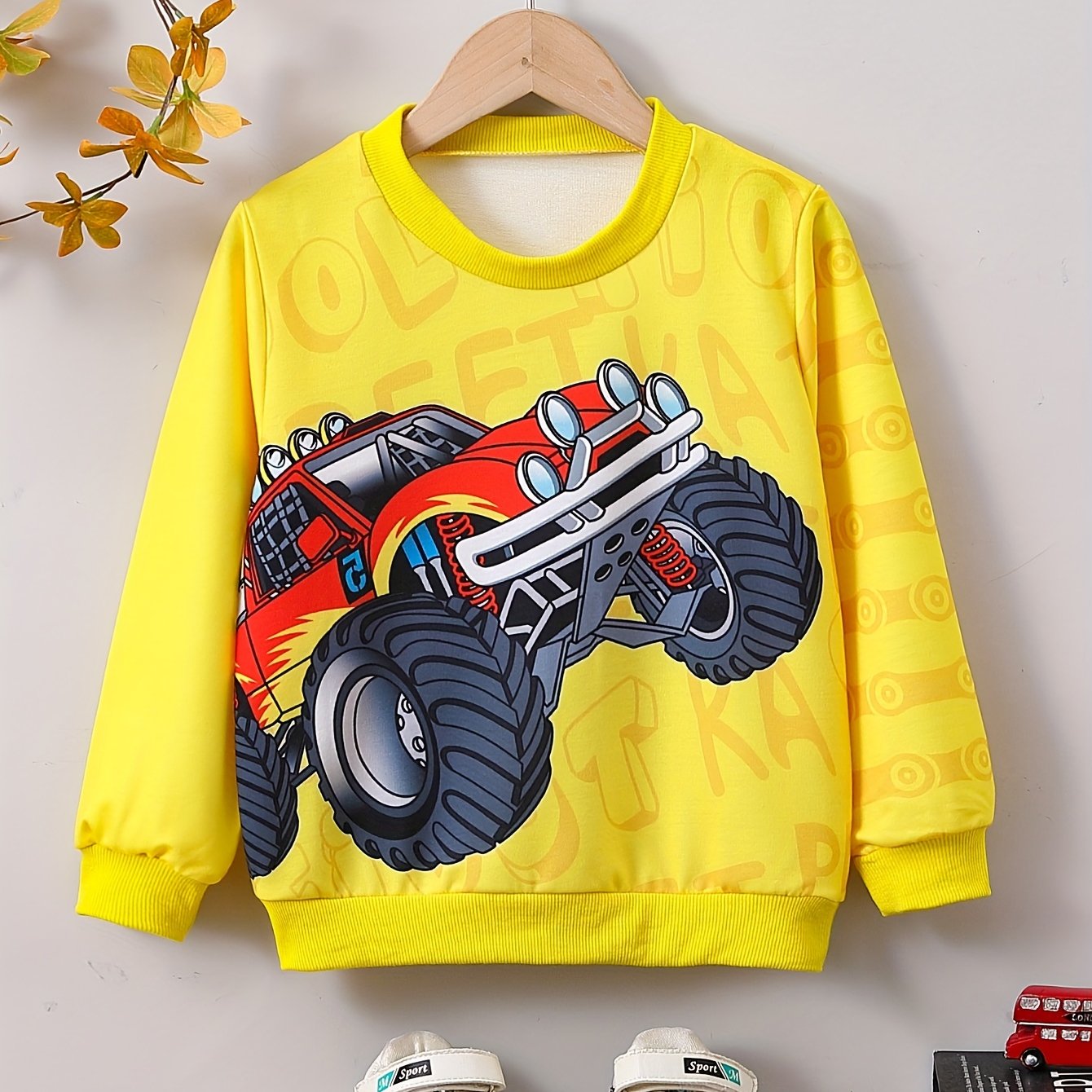 Monster Truck Print Boys Casual Pullover Sweatshirt