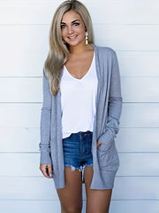 Solid Long Sleeve Open Front Cardigan with Pockets