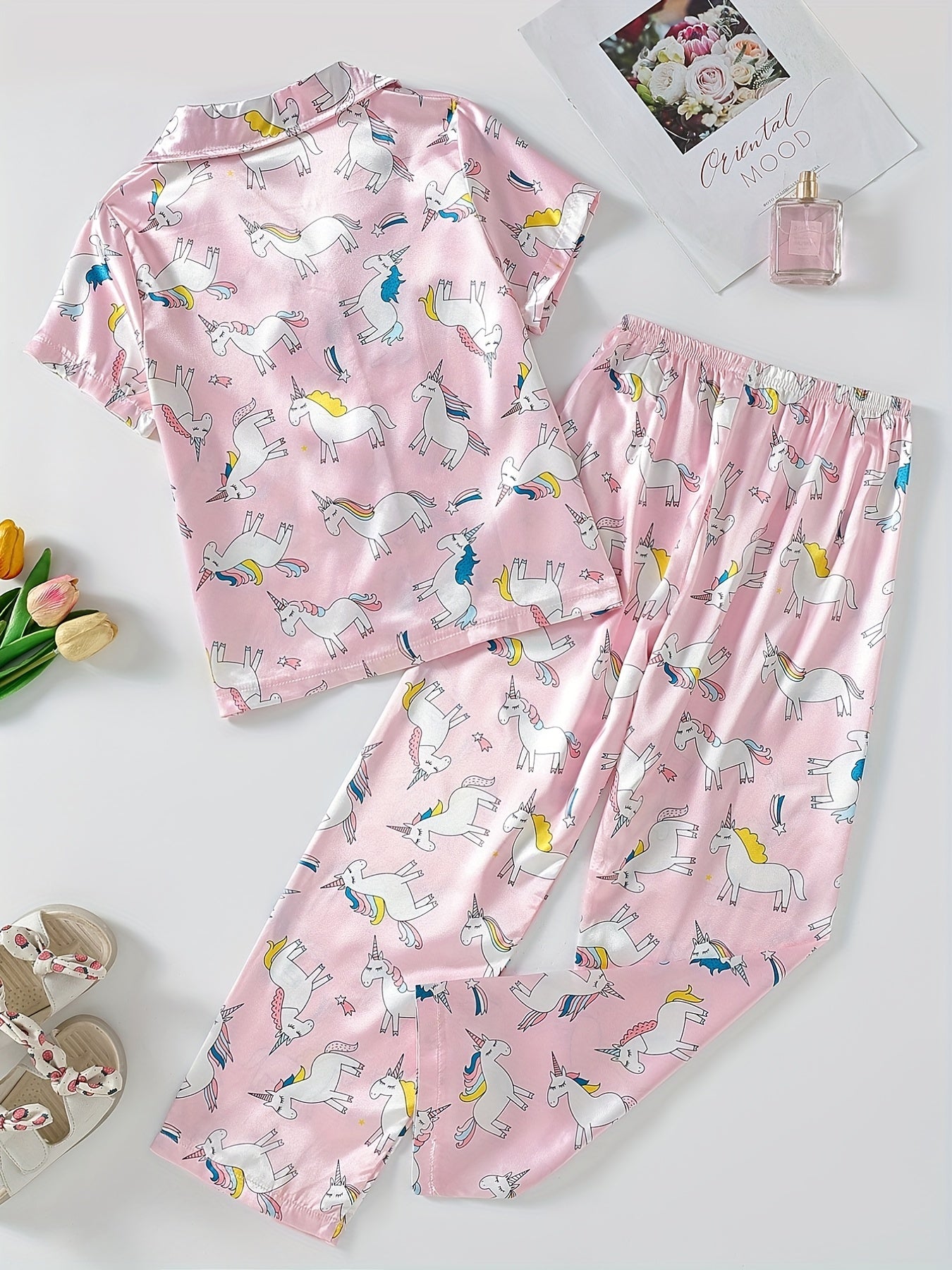 Girls Rainbow Unicorn Pajama Set Short Sleeve Top & Pants Sleepwear