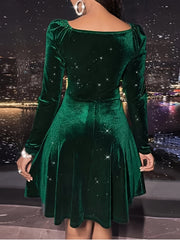 Velvet Ruched Long Sleeve V Neck A line Dress