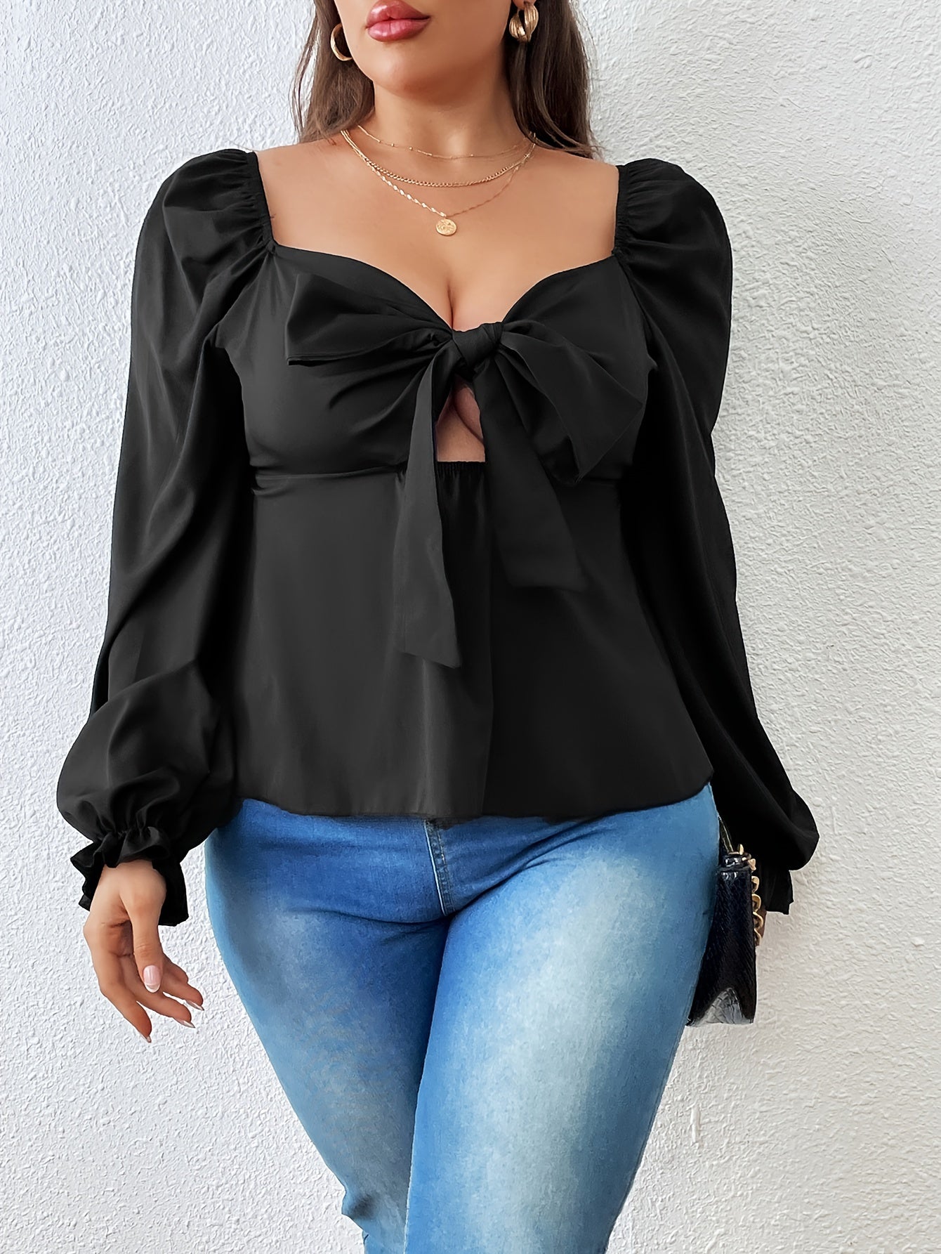 Solid Lantern Sleeve V Neck Knot Cut Out Peplum Top