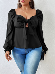 Solid Lantern Sleeve V Neck Knot Cut Out Peplum Top