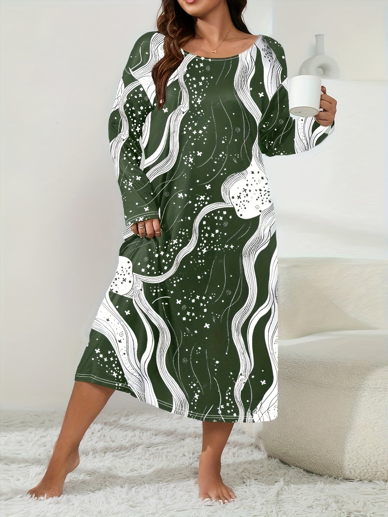 Lounge Dress Women's Plus Random Print Long Sleeve Crew Neck Sleep Dre