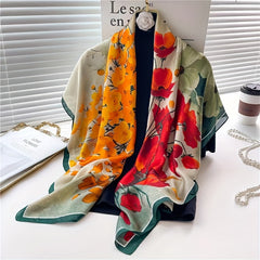 Flower Print Bandana Block Square Scarf Satin Shawl Women Windproof Head Wrap
