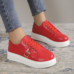 Women's PU Leather Casual Shoes Lightweight Low Top Lace Up Platform Sneakers