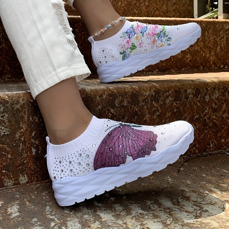 Women's Butterfly & Floral Print Sneakers Rhinestone Decor Knit Shoes
