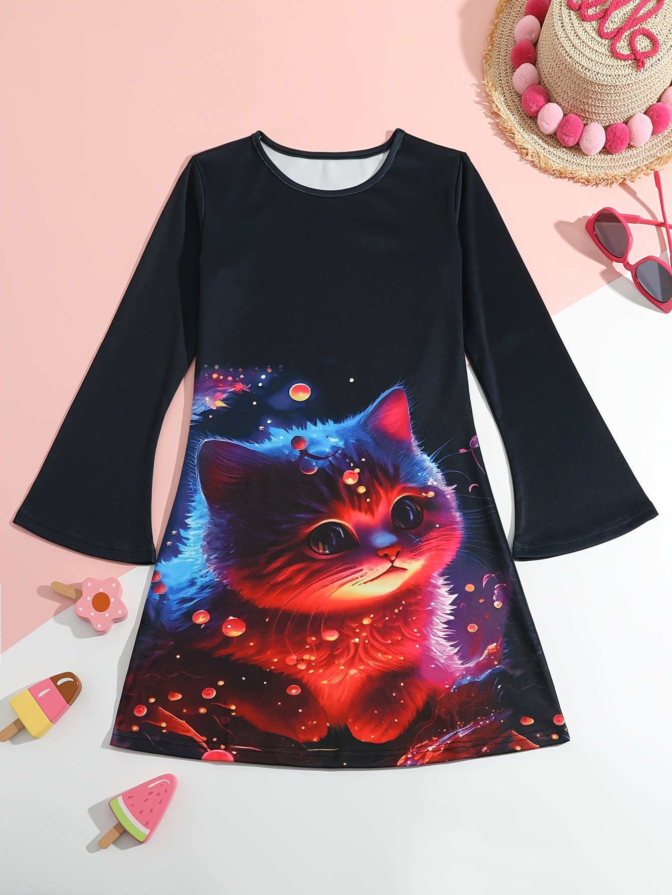 Dreamy Kitty Graphic Crew Neck Long Sleeve Dress Girls Spring Fall