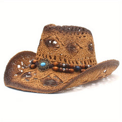 Hollow Out Cowboy Hat Beaded Turquoise Chain Straw Unisex Jazz Fedora
