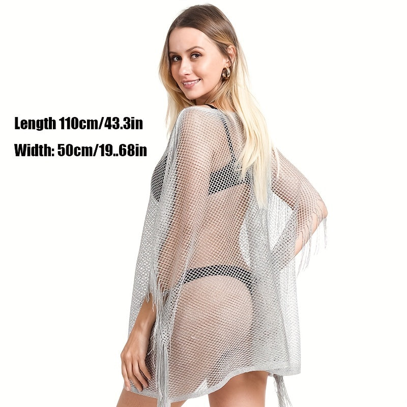 Mesh Breathable Large Shawl Hollow Out Bikini Blouse Tassel Wrap