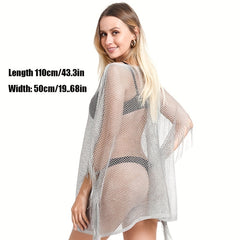 Mesh Breathable Large Shawl Hollow Out Bikini Blouse Tassel Wrap