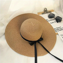 Straw Sun Hat Ribbon Bowknot Solid Sunscreen Beach Hats Floppy Foldable Cap