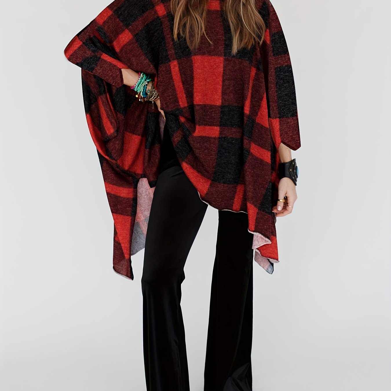 Plaid Round Neck Cover Up Blouse Loose Fit Casual Beachwear Cover Up Shirt