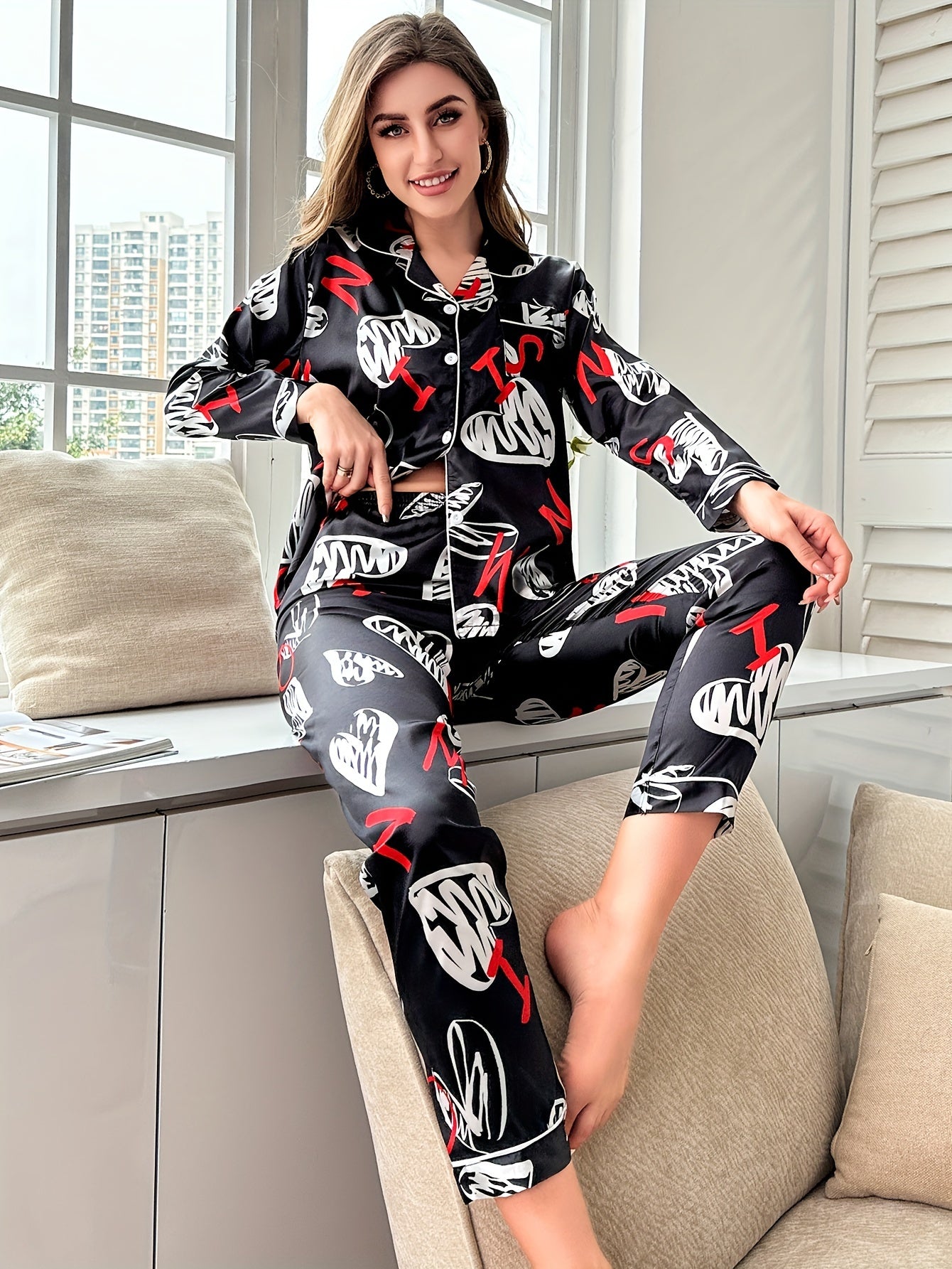 Heart Print Pajama Set Long Sleeve Top & Pants Women's