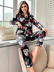 Heart Print Pajama Set Long Sleeve Top & Pants Women's