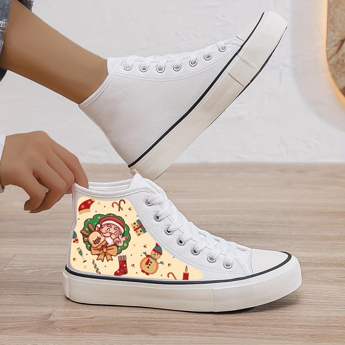 Christmas Santa Print Plush Lined Canvas Sneakers