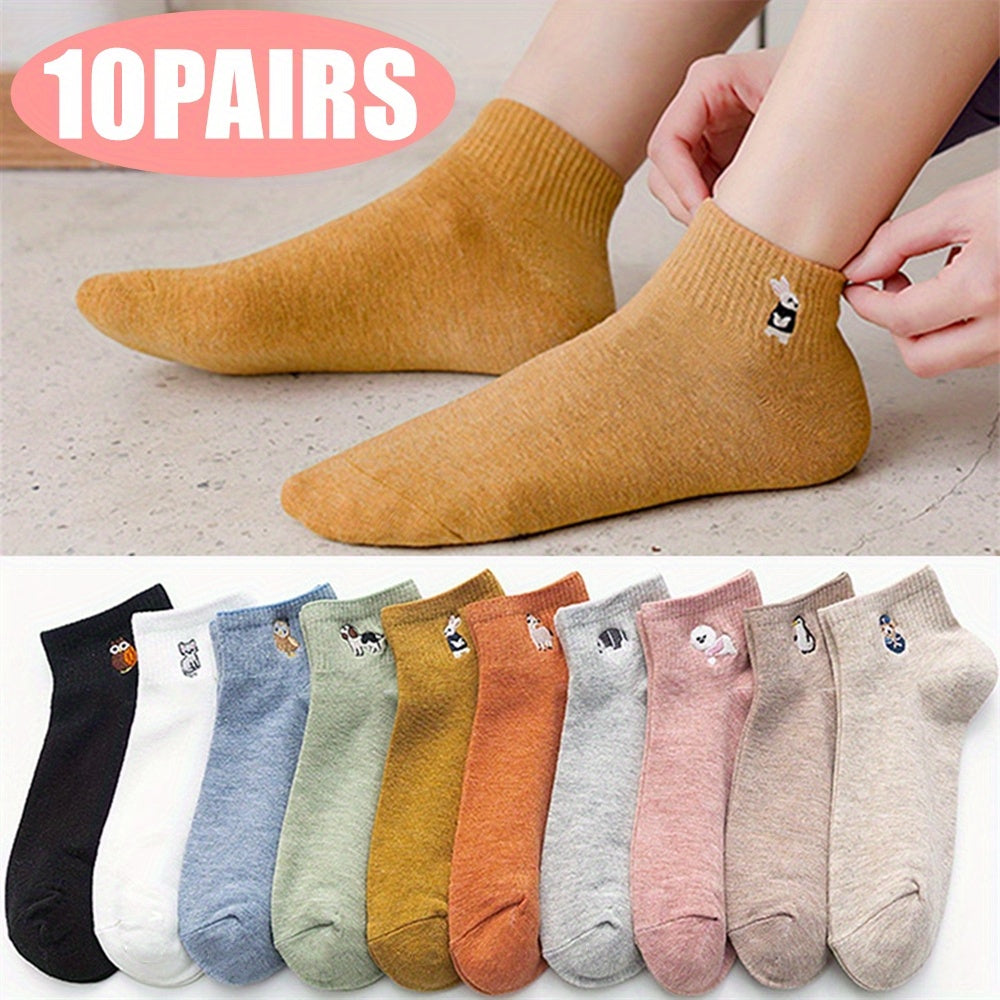 10 Pairs Women Cotton Socks Animal Embroidered Ankle Low Cut Boat Socks