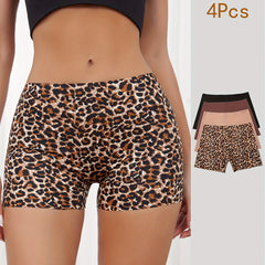 4pcs Leopard & Solid Boyshort Panties Soft & Comfortable Stretch Panties