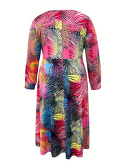 Women's Plus Tropical Print Long Sleeve Surplice Neck Dress