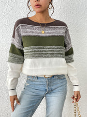 Striped Knit Sweater Crew Neck Long Sleeve Casual Women's Clothing