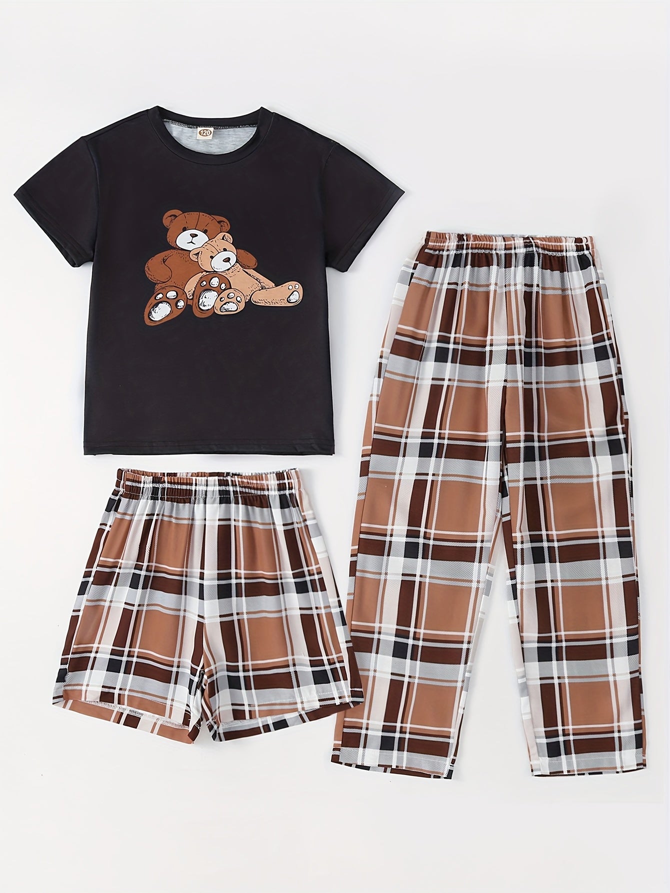 Girls Bear Graphic Pajamas Set, Crew Neck T-Shirt & Plaid Shorts