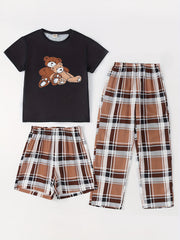 Girls Bear Graphic Pajamas Set, Crew Neck T-Shirt & Plaid Shorts