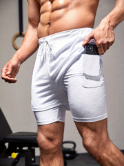 2 in 1 Double Layer Drawstring Sports Shorts with Inner Pocket